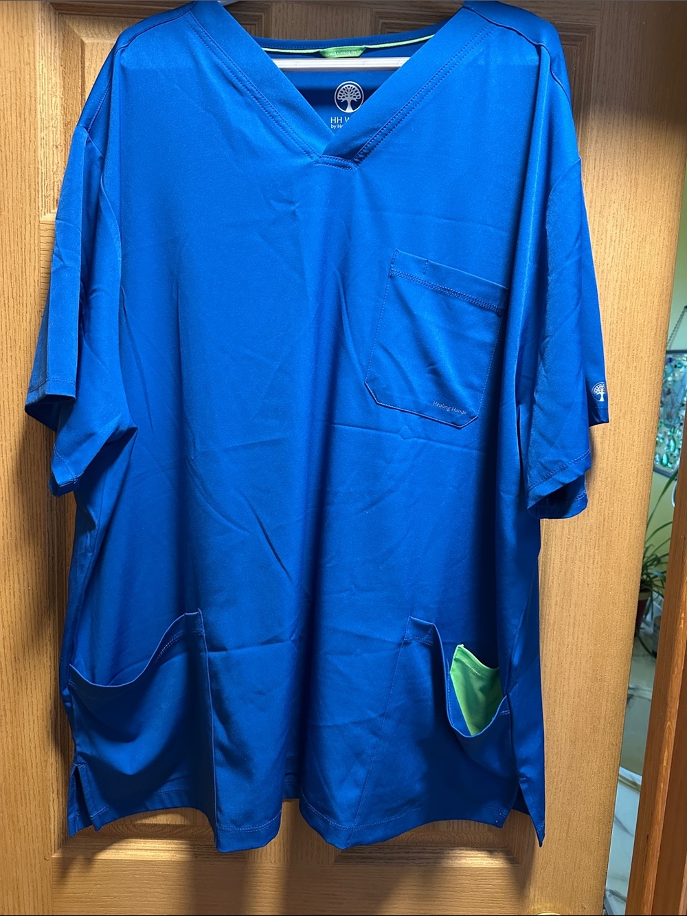 healing hands Bright Royal Blue V-Neck Scrub Top with Green Accent